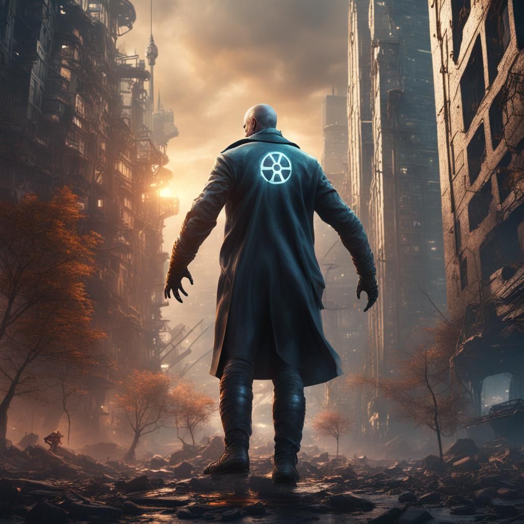 Nuclear Man Dominating Cityscape: Detailed Fantasy Art