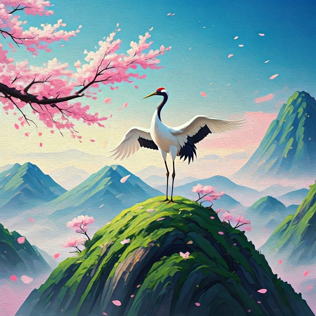 Crane Dance on Misty Mountaintop: Expressionist Oil Painting