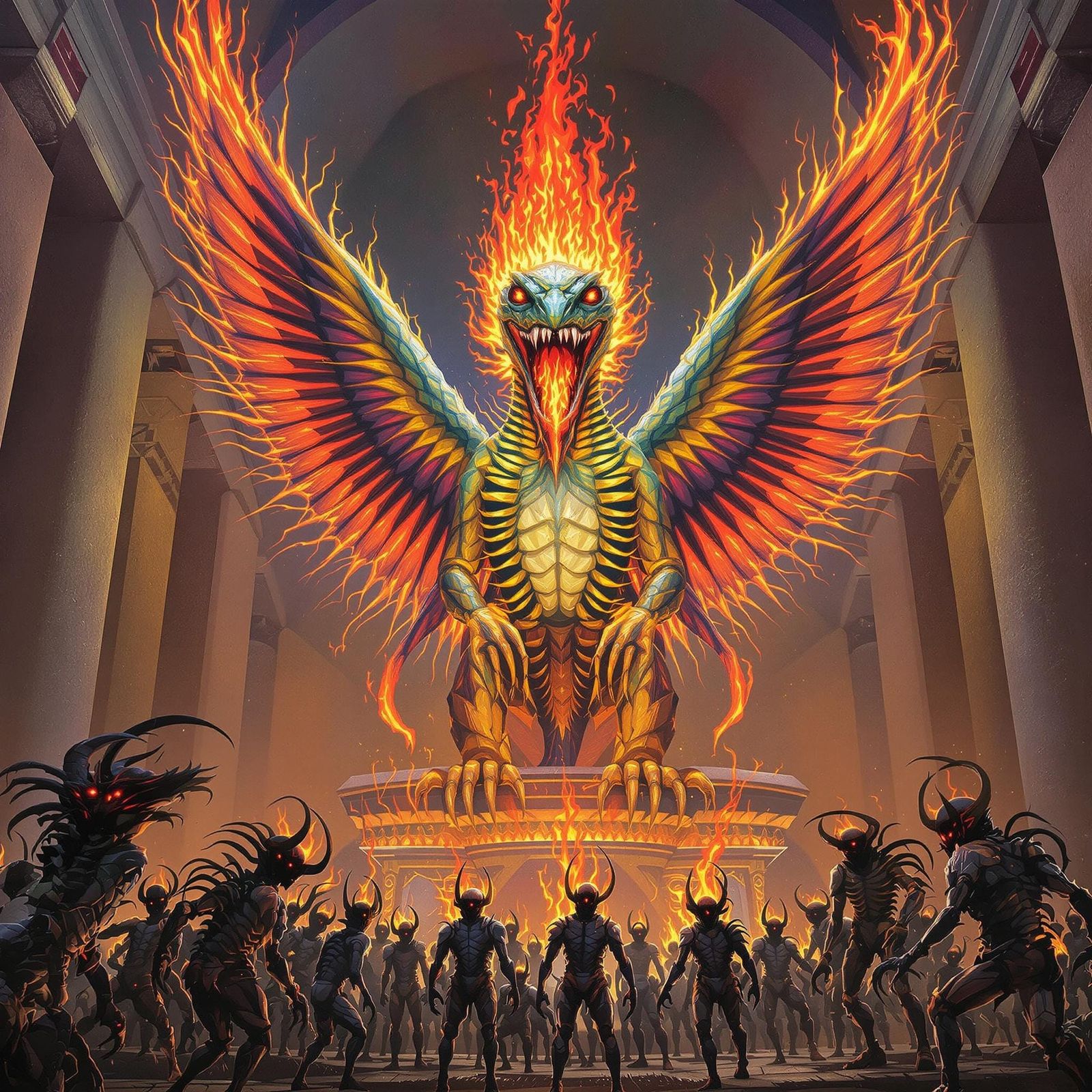 Psychedelic Scorpion Humanoid in Ancient Temple