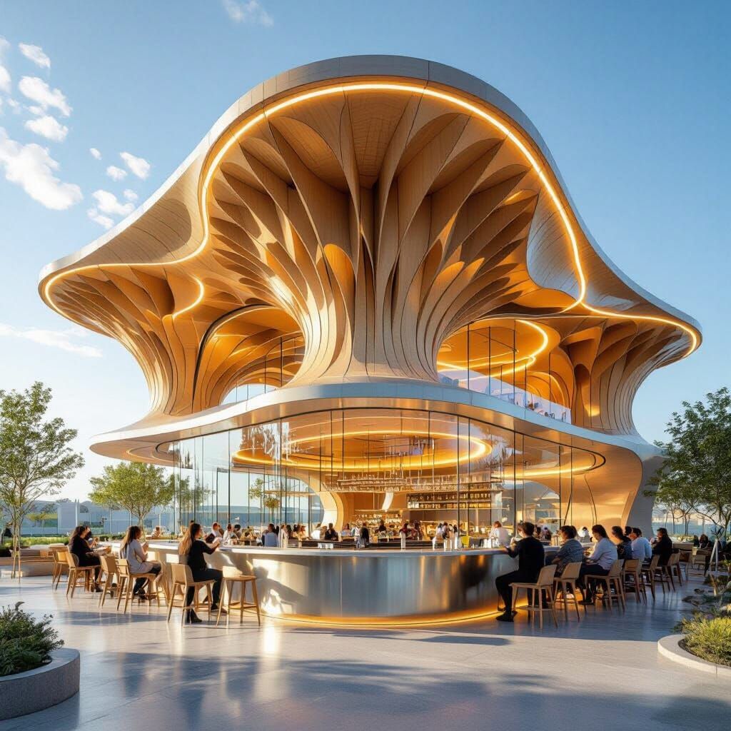 Futuristic Timber Restaurant with Glass Walls