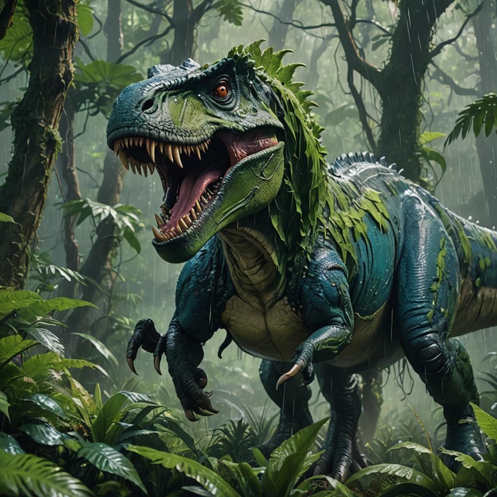 Roaring T-Rex in Lush Prehistoric Forest