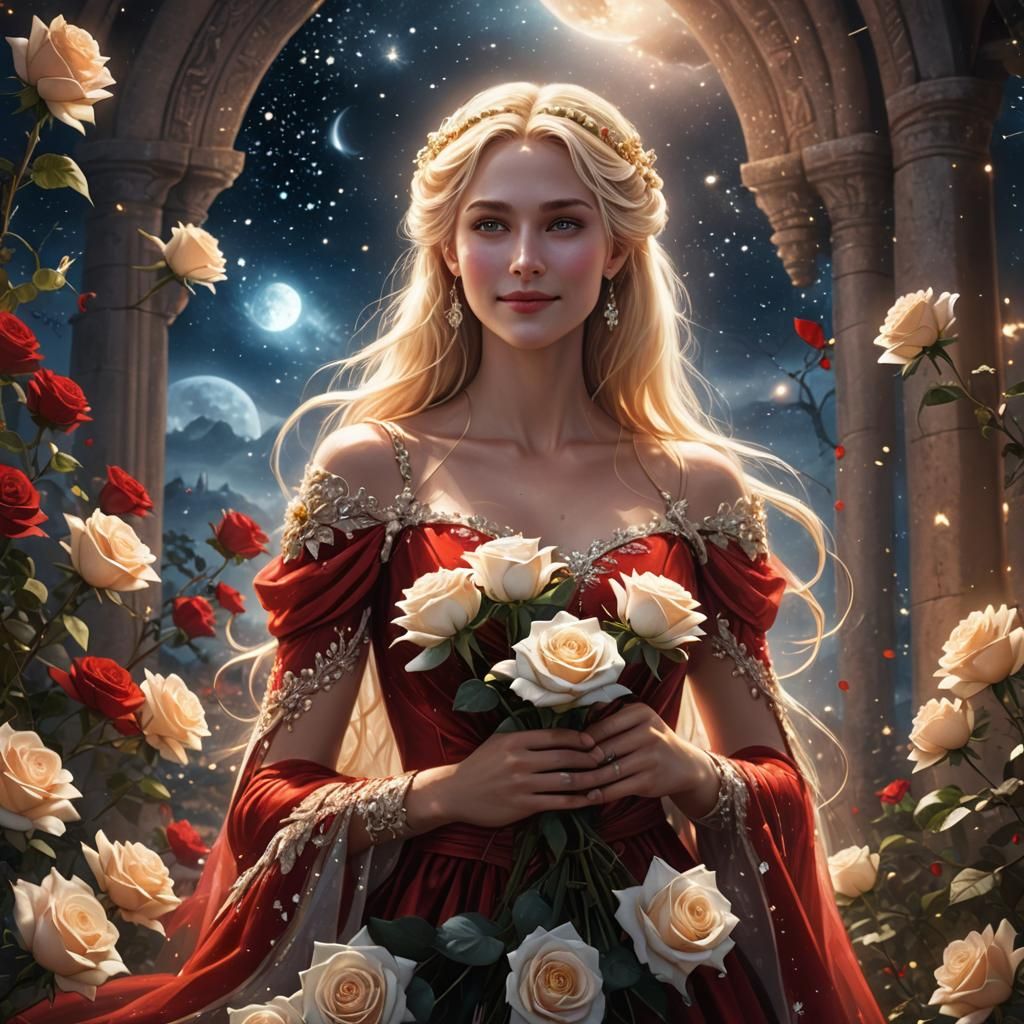 Mystic Goddess Embraces Roses in Starlight