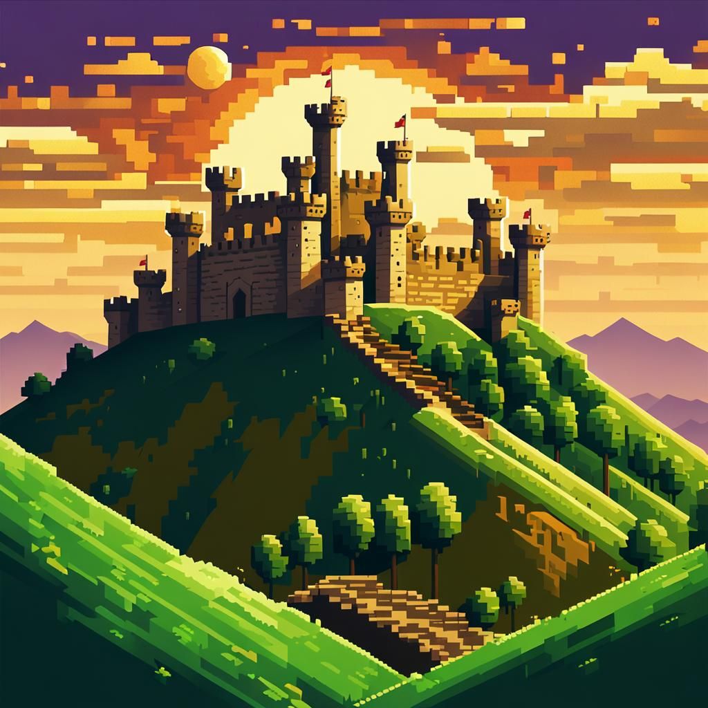 Pixel Art Medieval Castle on Rugged Hill