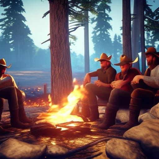 Cowboys Around Campfire in 3D Game Style