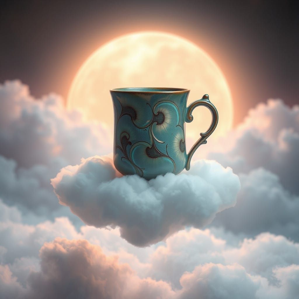 Whimsical Cloudscape Table with Iridescent Mug in Dreamlike....