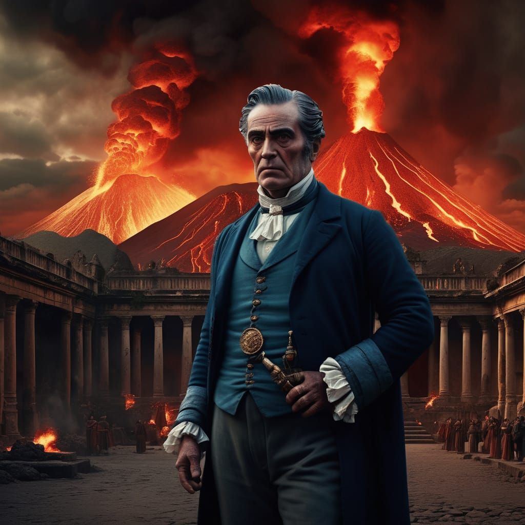 Volcano Eruption with Victorian Man and Roman Vampires