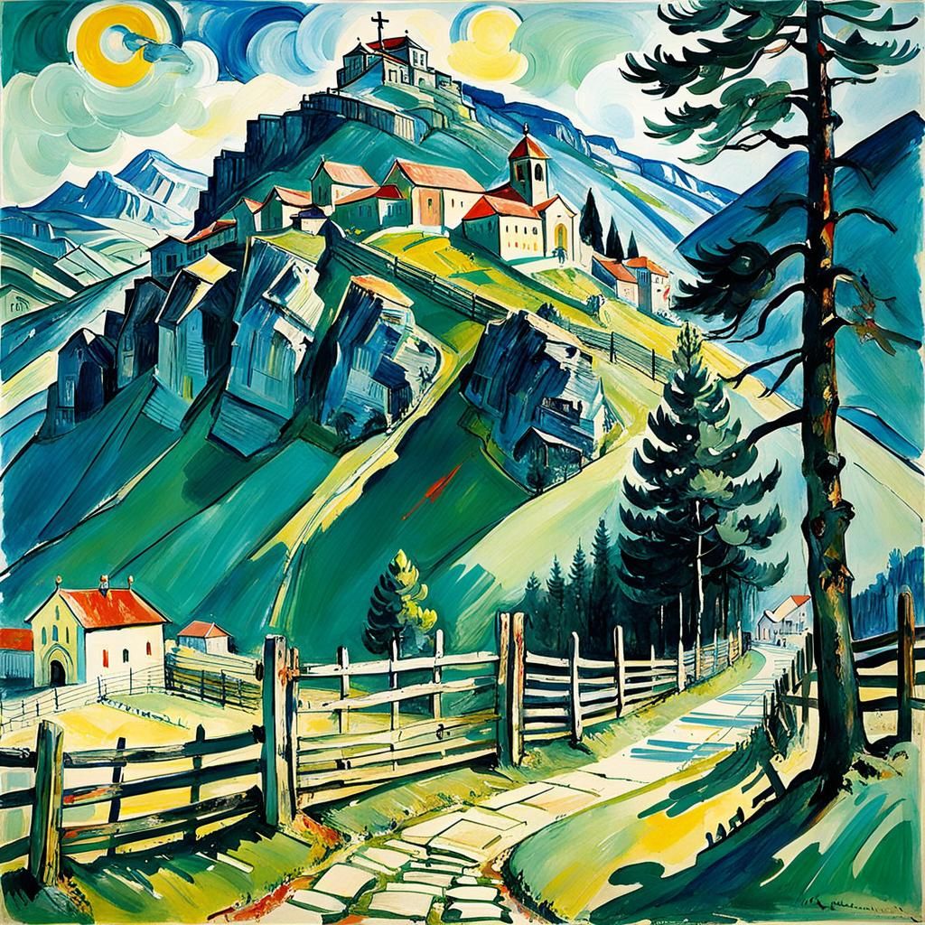 Mountain Monastery in Expressionist Style