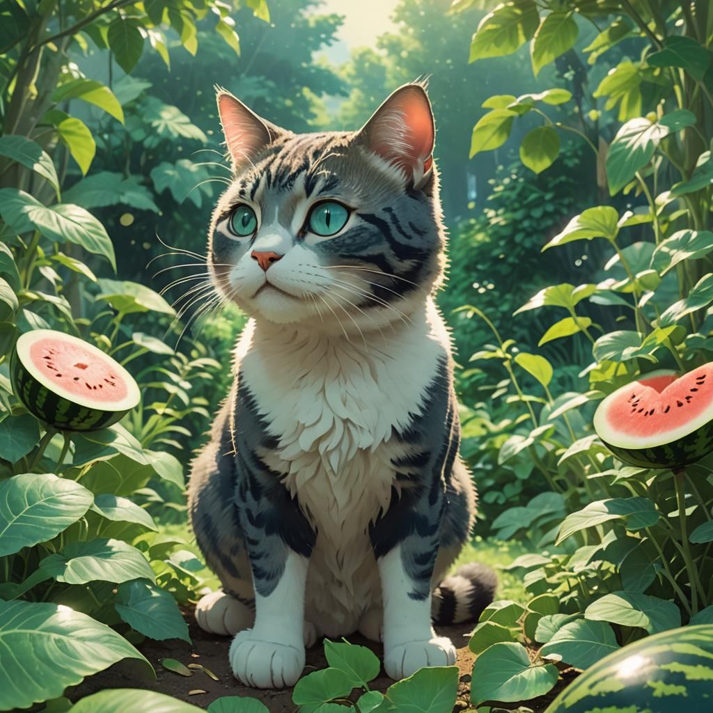 Cat Balancing Watermelon in Ghibli Anime Style