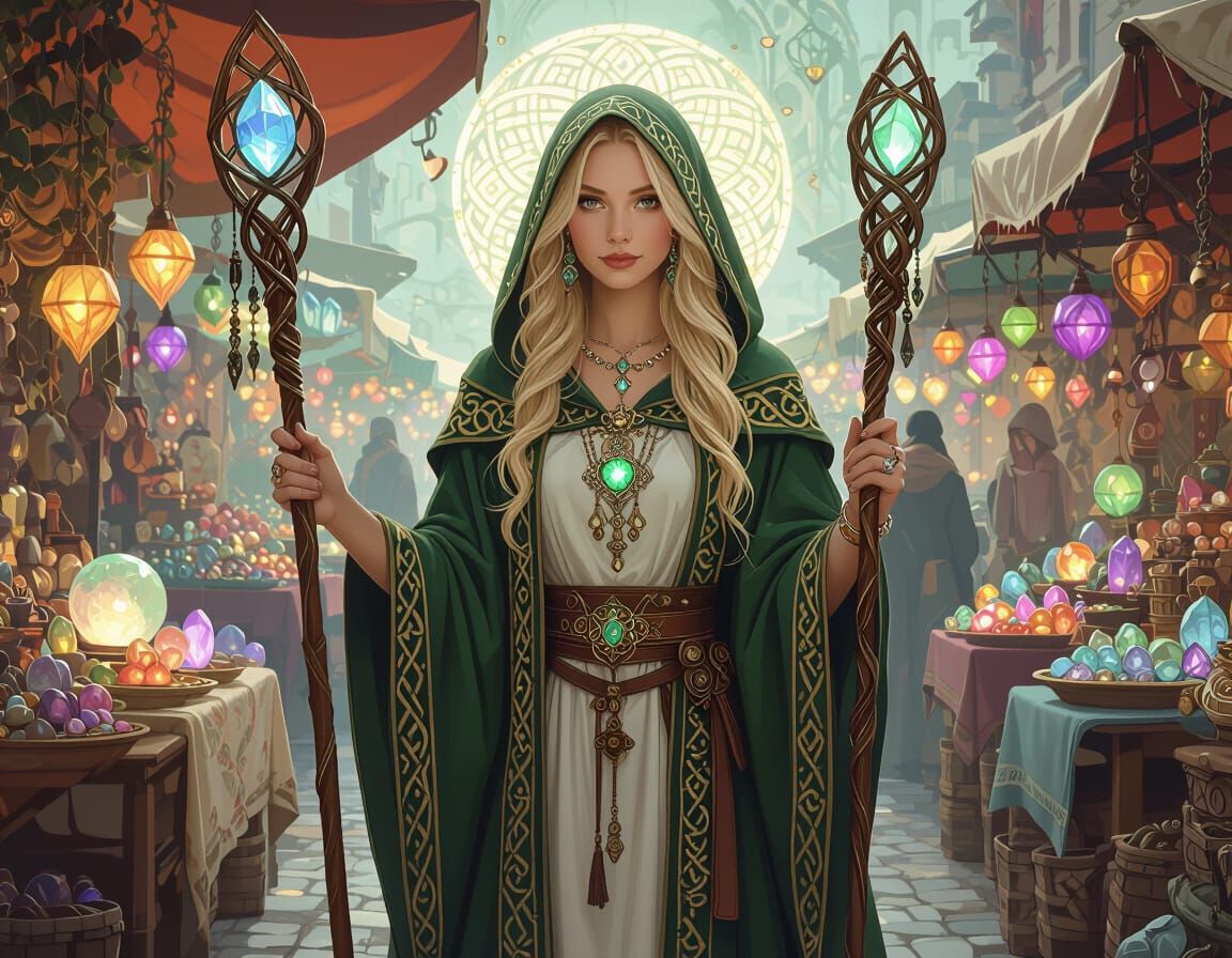 Celtic Witch with Crystal Staff in Art Nouveau Style