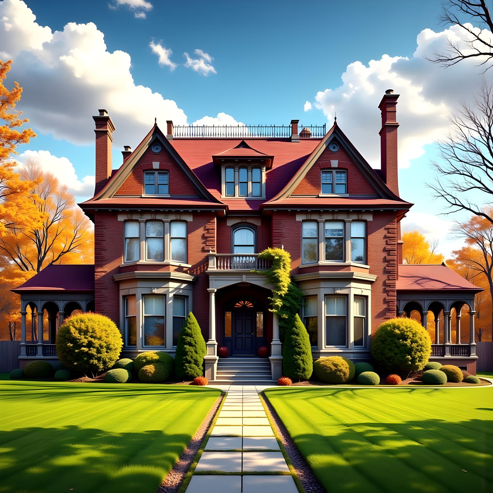 Grand Three-Story Brick House Under Azure Sky