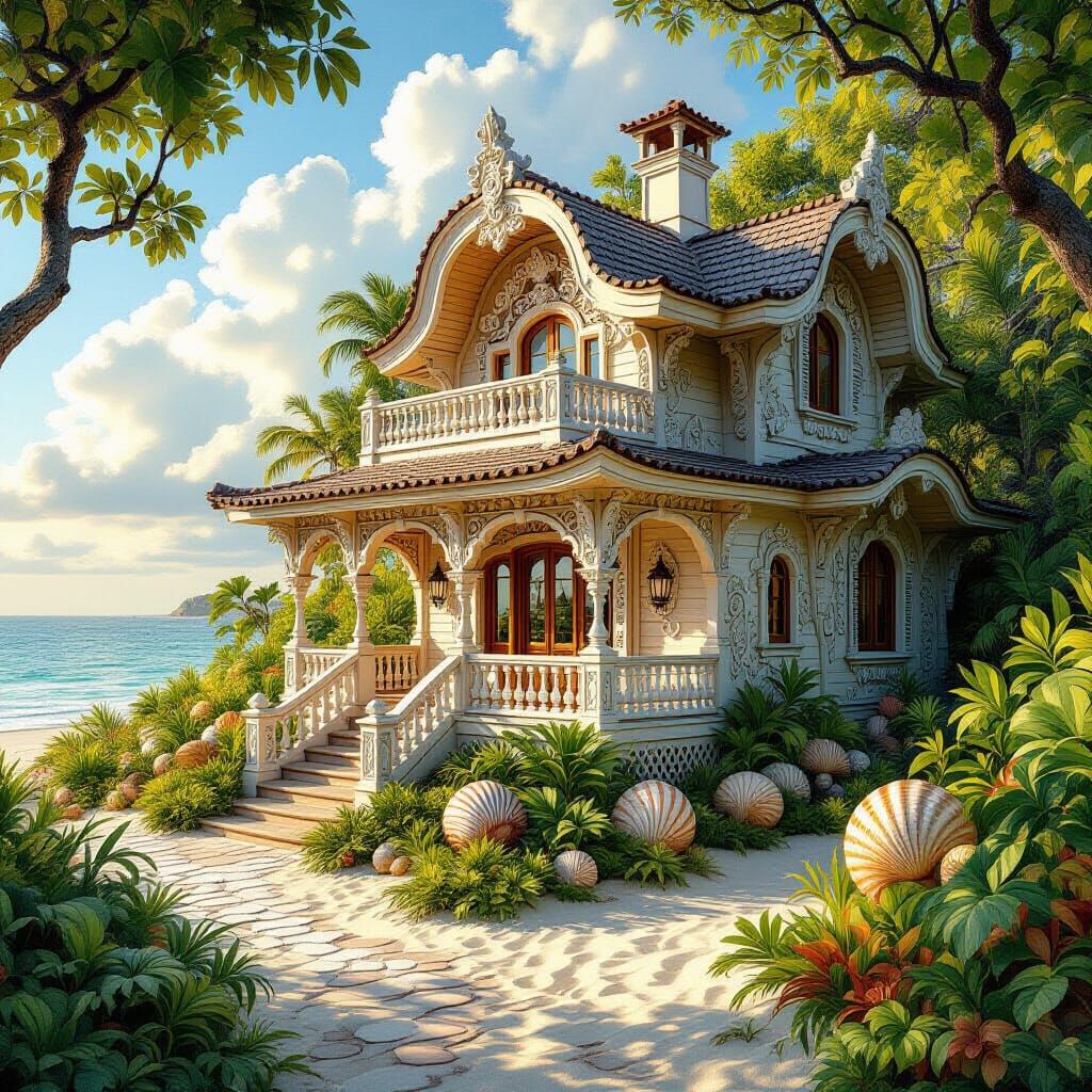 Ornate Beach House with Seashell Carvings in Lush Flora