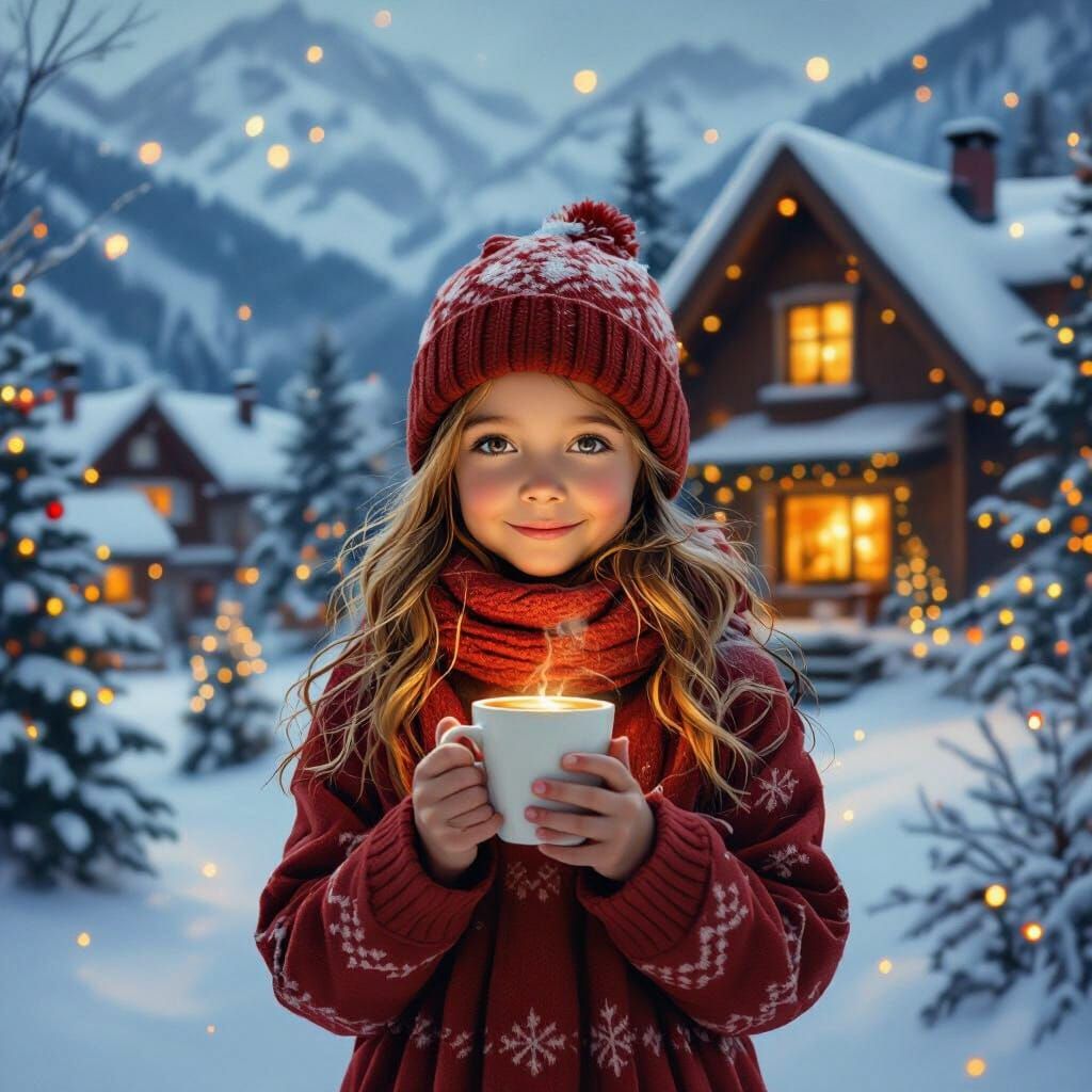 Girl with Coffee in Cozy Christmas Mountain Home