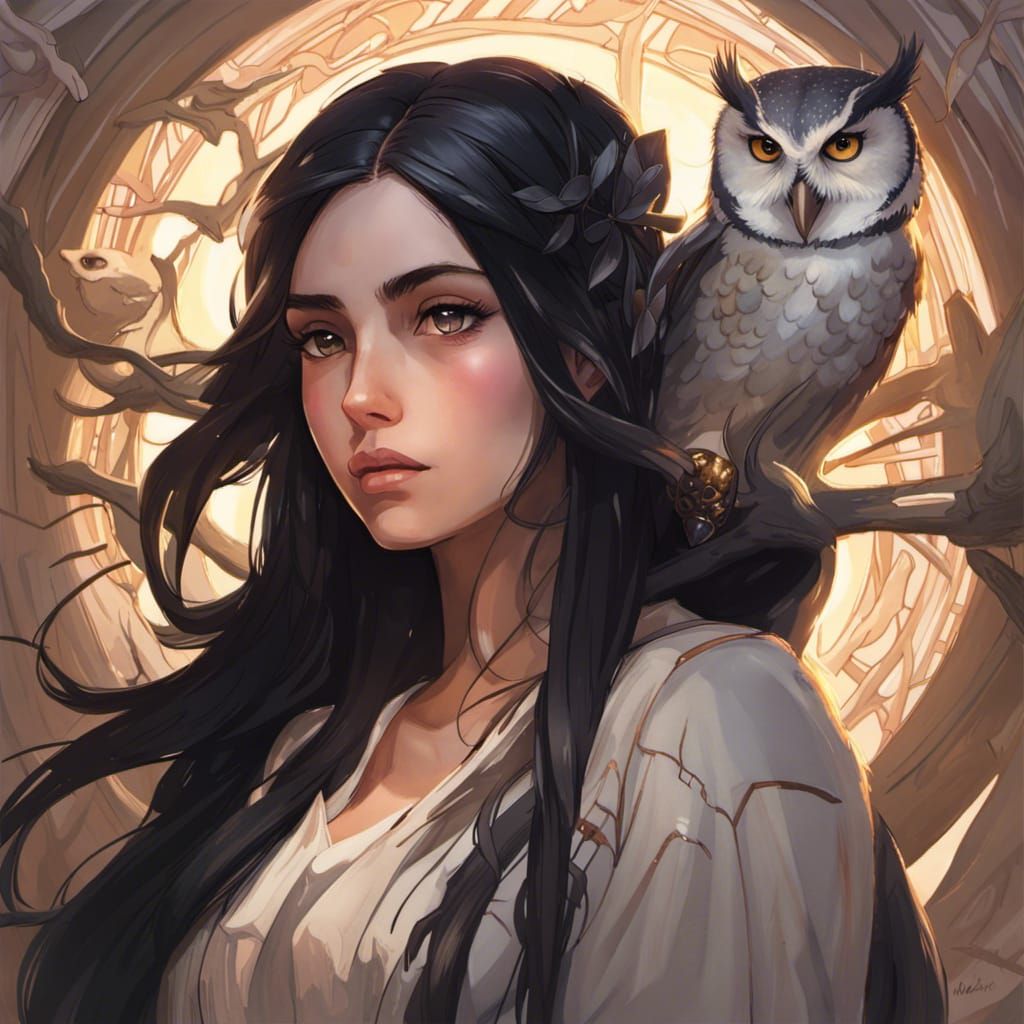 Girl Communicates with Owl: Hyperdetailed Portrait