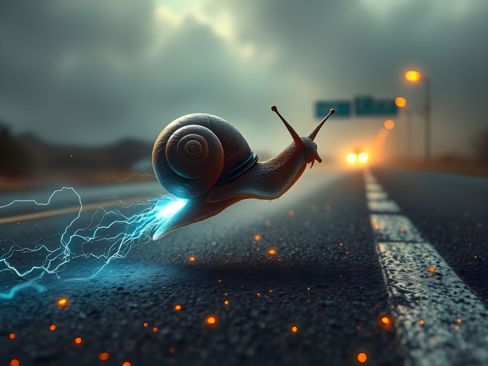 Thrilling Snail Zooms Down Highway in Electric Storm