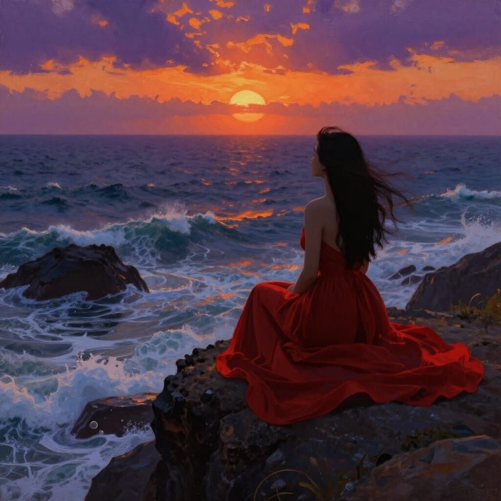 Woman in Red Silhouette Overlooking Stormy Ocean at Sunset