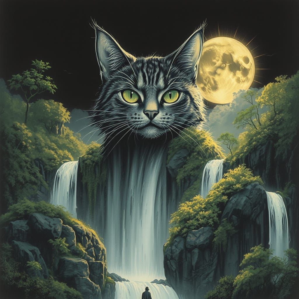 Waterfall Cat in Charcoal Drawing Style