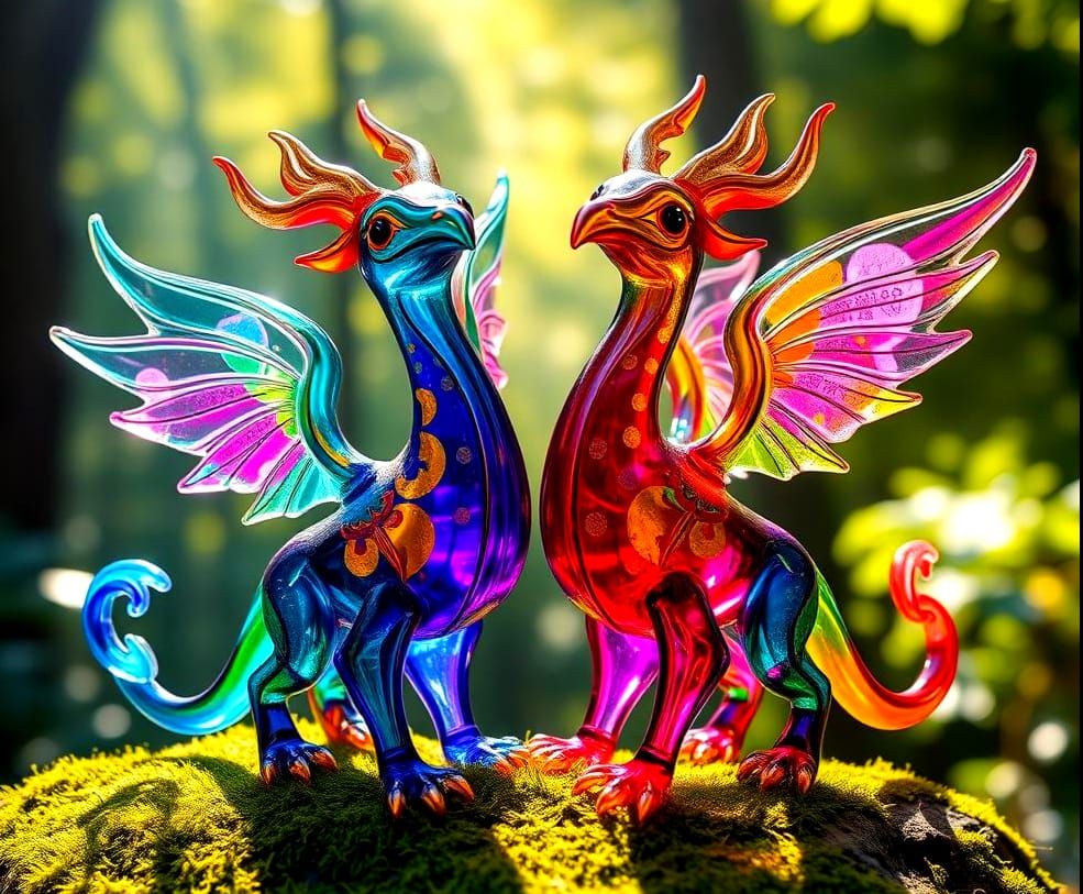Neon Glass Gryphon Alebrijes in Forest Setting