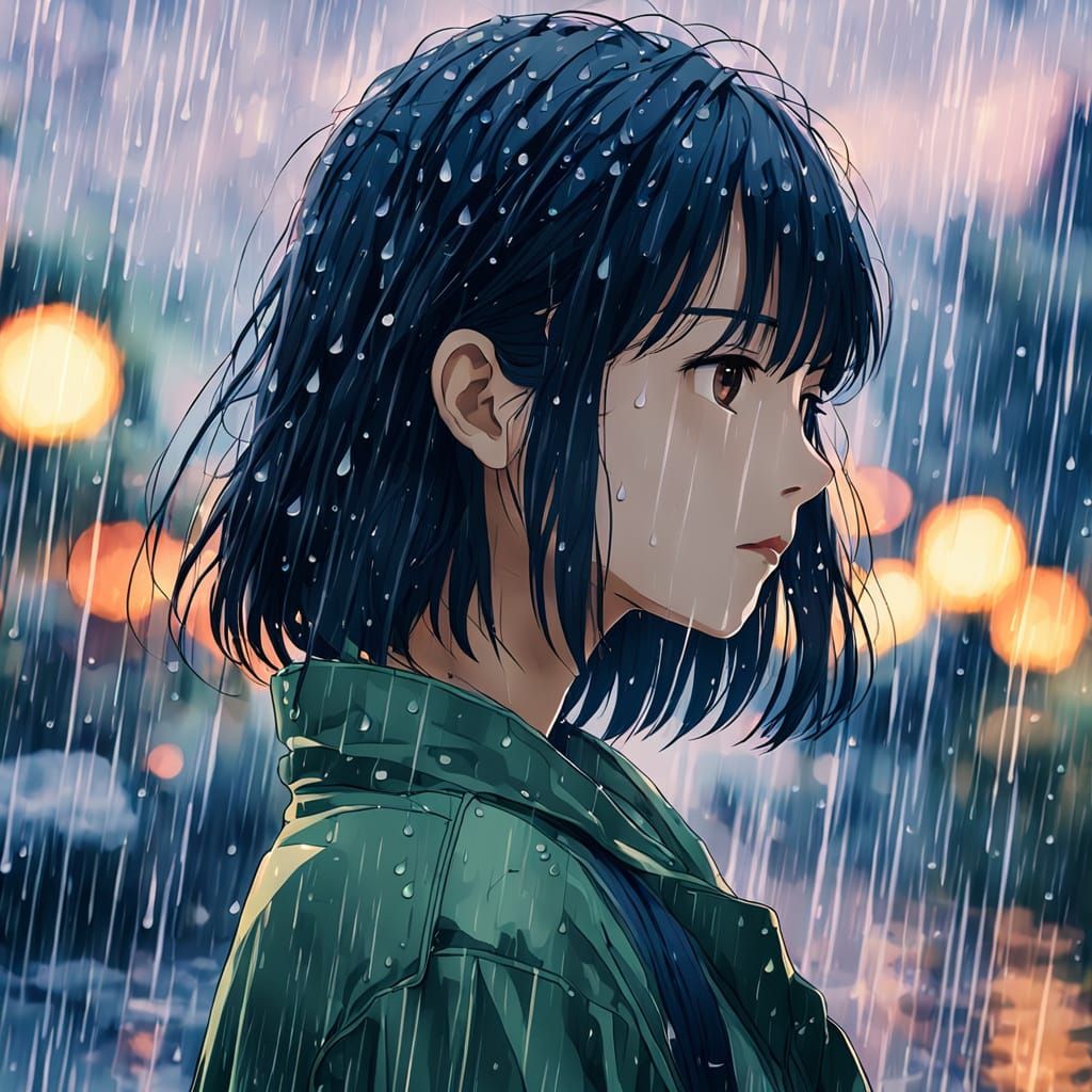 Anime Girl in Rainy Weather, Inspired by Makoto Shinkai's Wa...