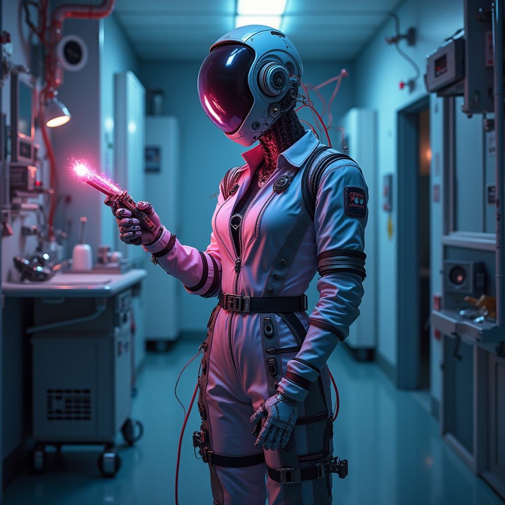 Steampunk Medic in Hidden Hospital with Neon Tools