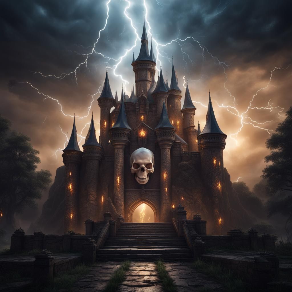 Skull with Lightning and Castle: Detailed Matte Painting
