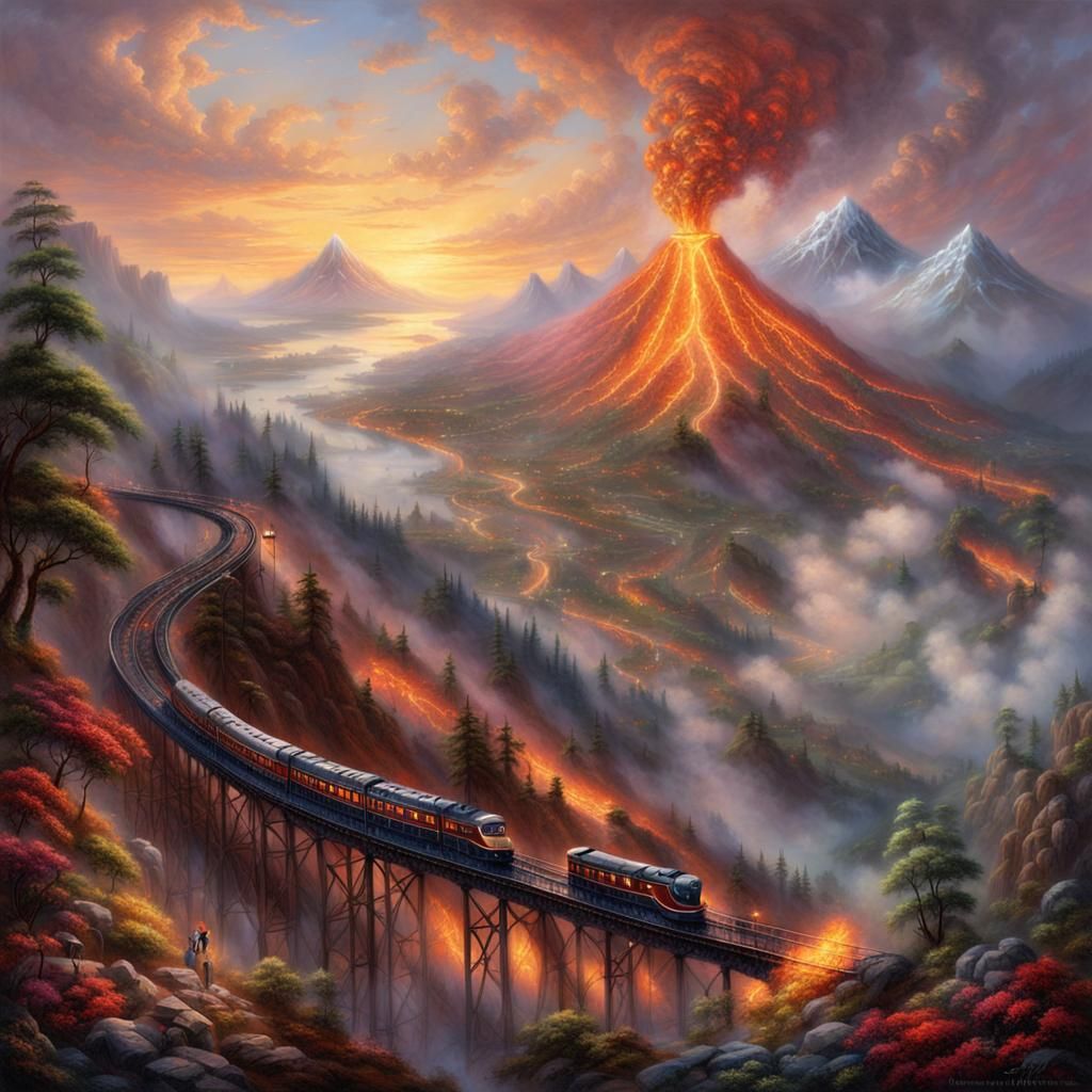 Ethereal Rollercoaster in a Volcanic Fantasy World