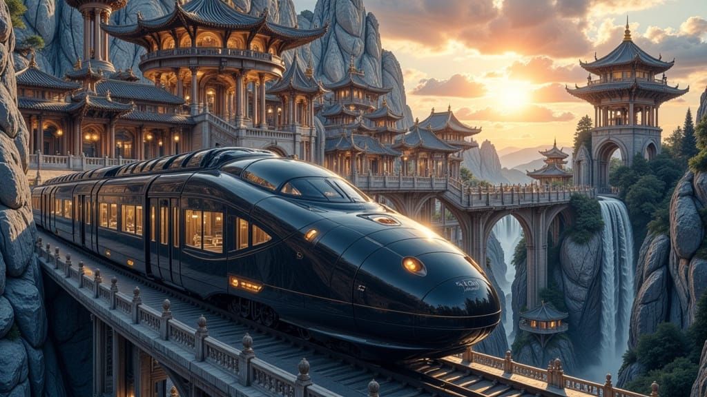 Futuristic Train in Ancient Chinese City at Sunset