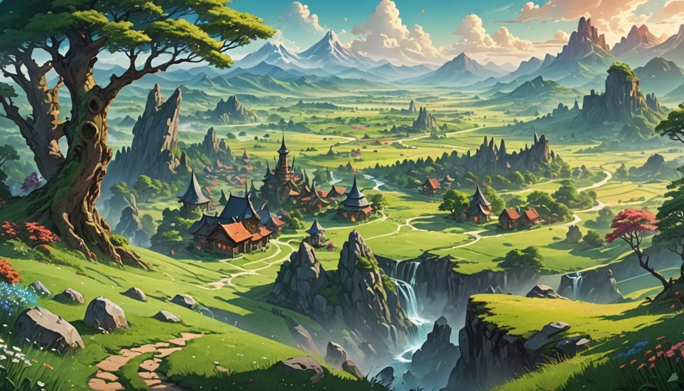 Fantasy Landscape with Asian Villages and Lush Forests