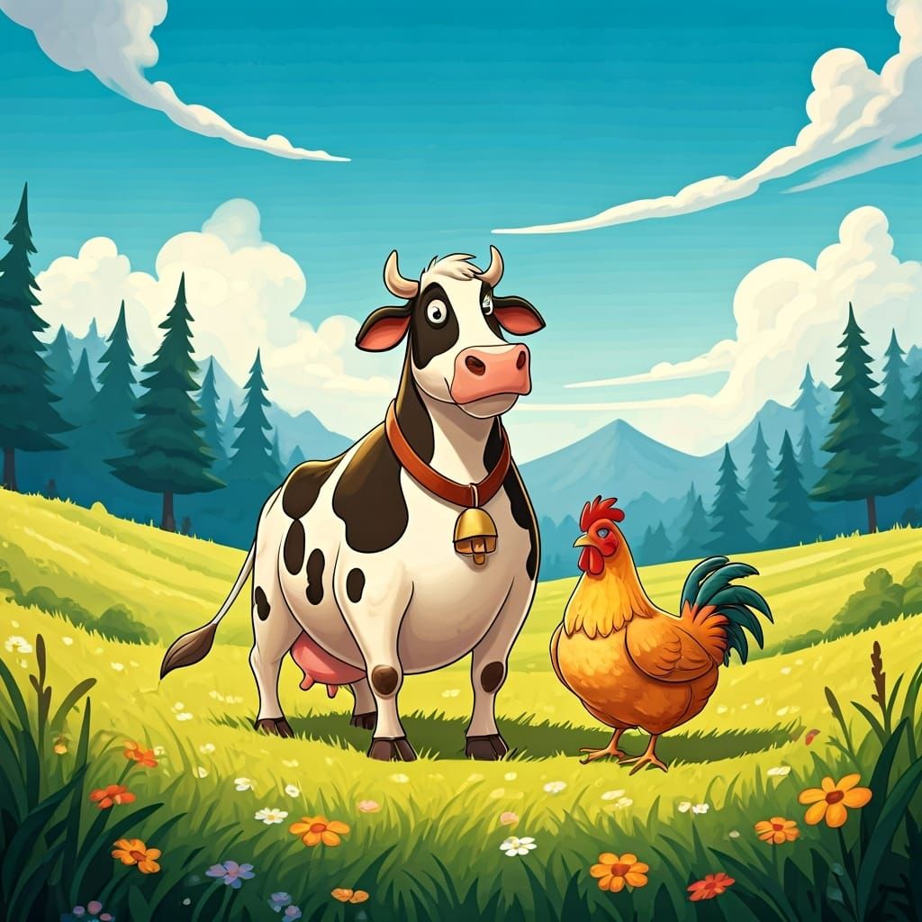 Cow and Chicken in Whimsical Cartoon Meadow