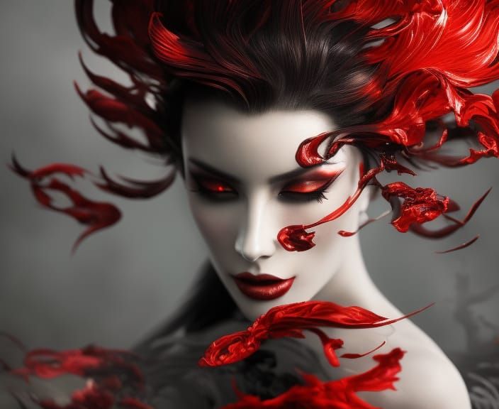 Monochrome Portrait with Swirling Red Blood Details