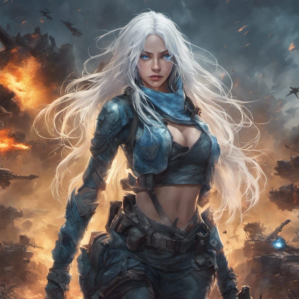 Fantasy Warscape: Lady with White Hair in Dark Battle