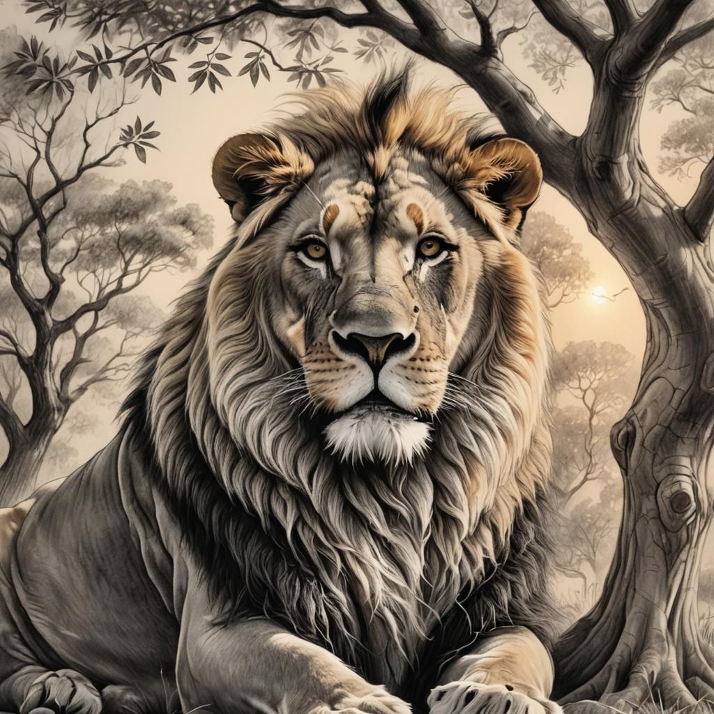 Whimsical Lion in Pencil Art Fantasy World