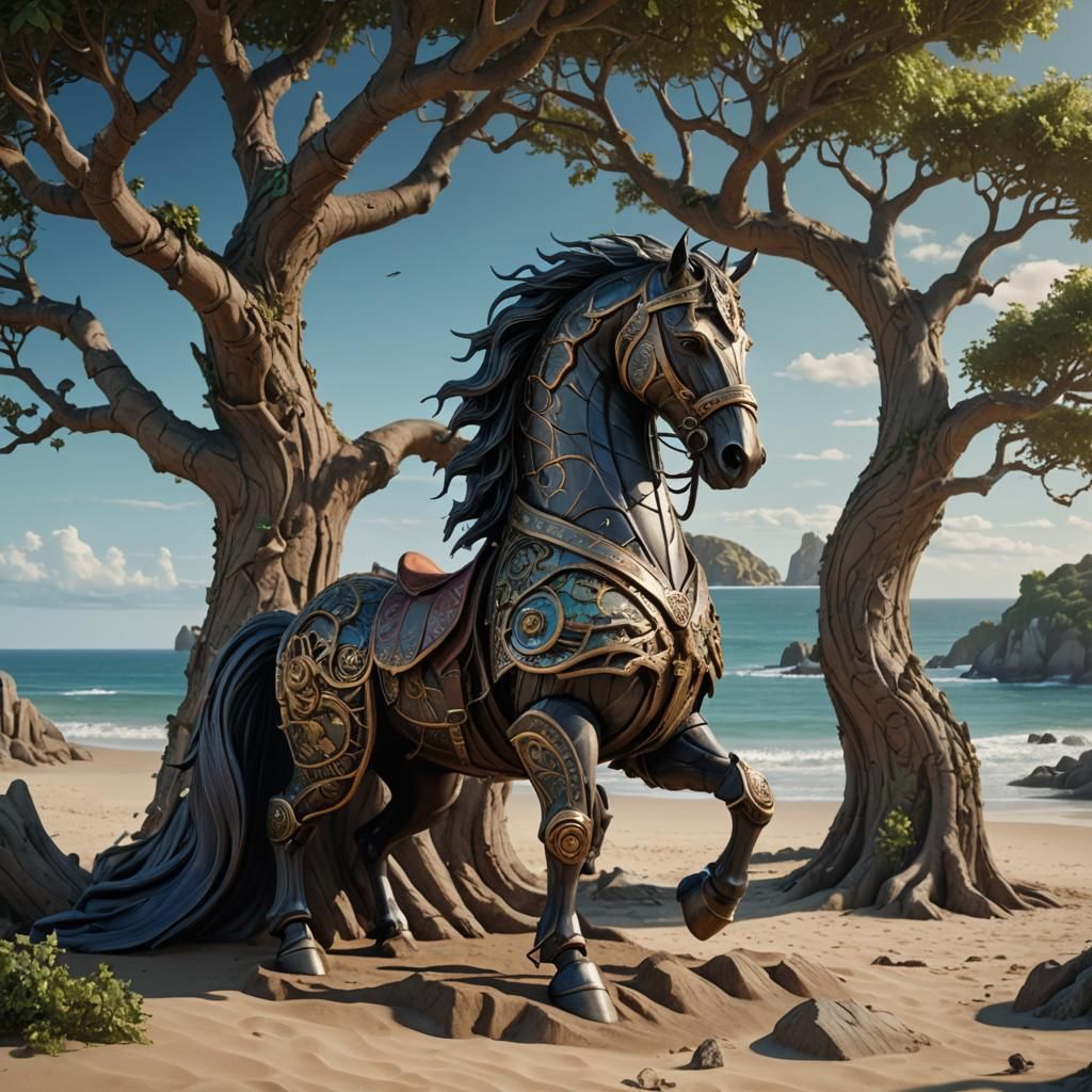 Elven Armored Horse Tree Sculpture, Fantasy Art