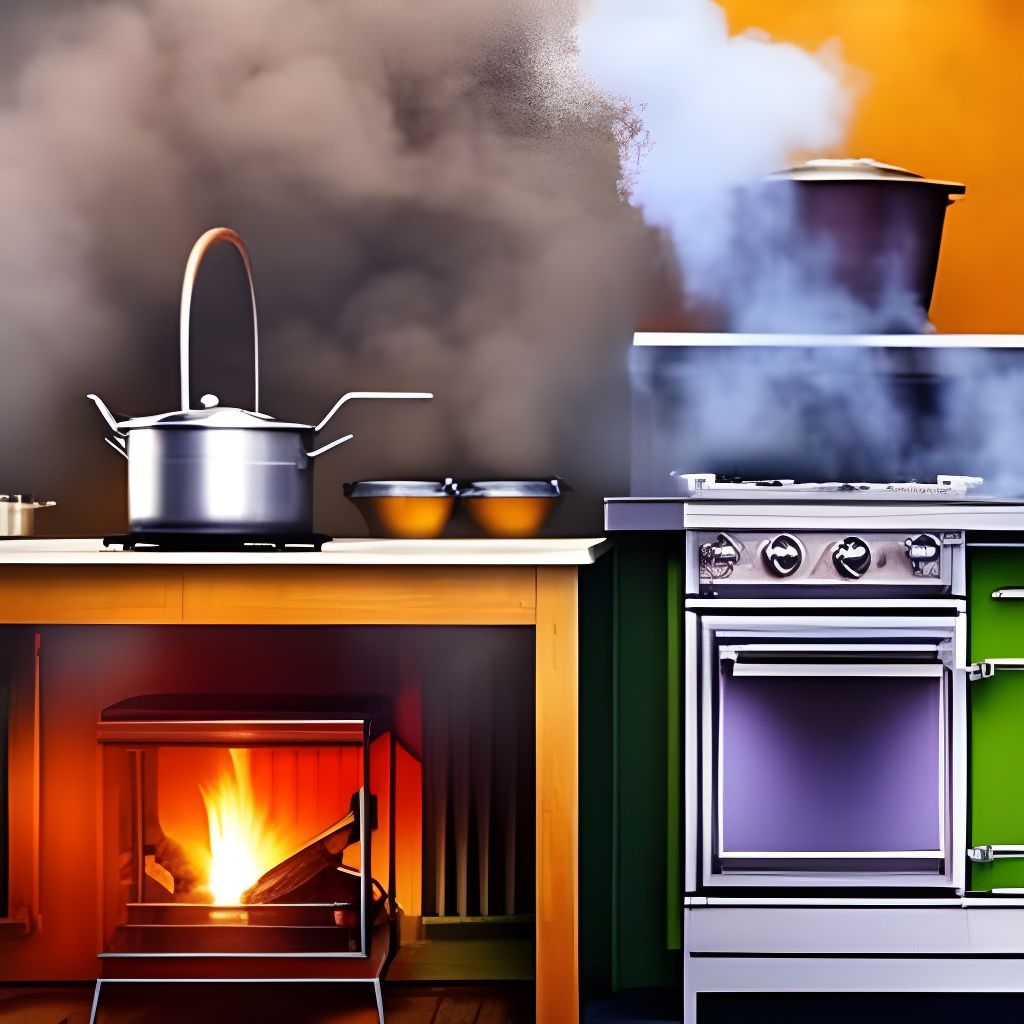 Hyperrealistic Kitchen with Wood Stove and Refrigerator