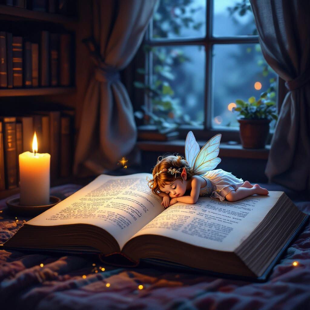 Fairy Sleeps Reading in Cozy Nook