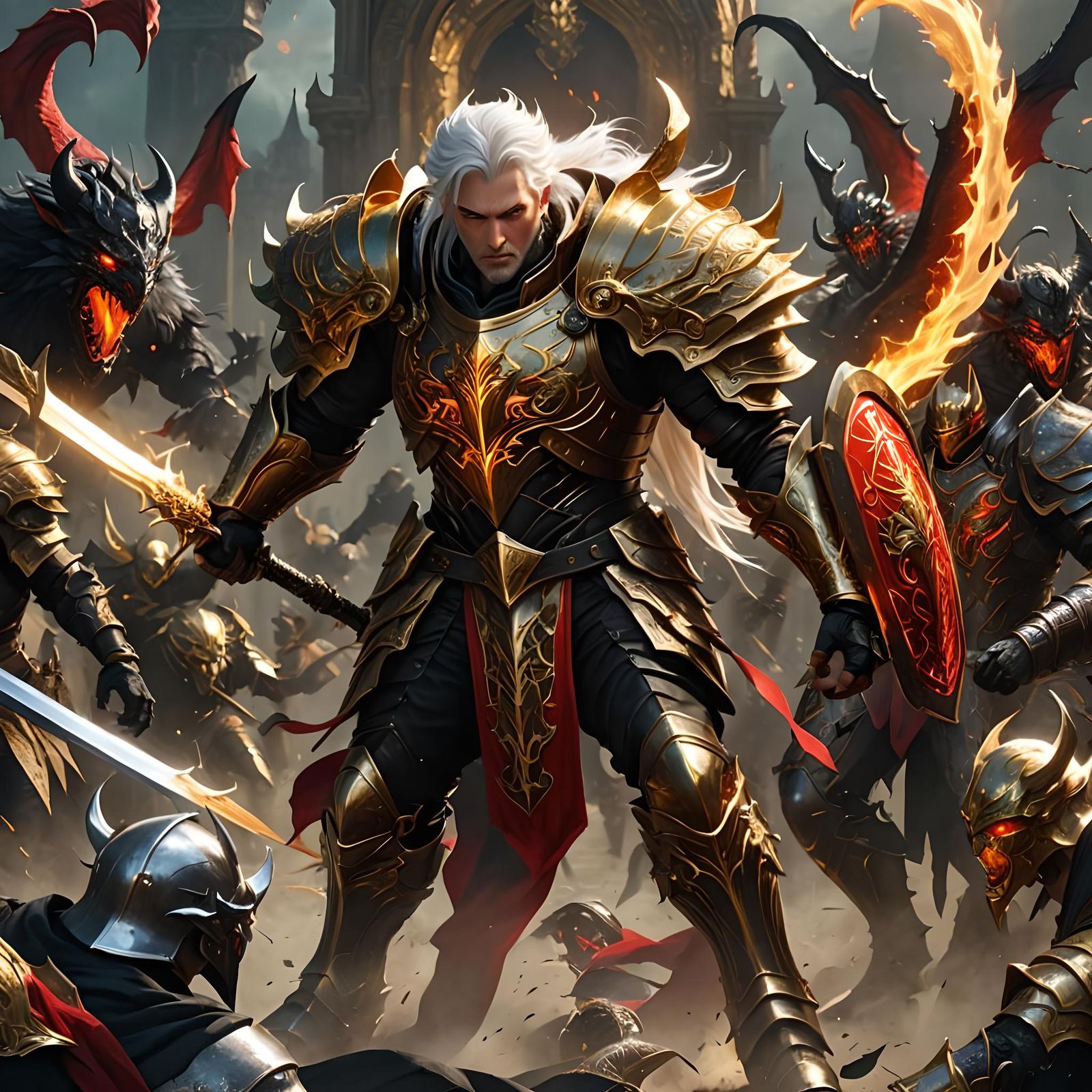 Paladin with Fiery Wings in Epic Battle