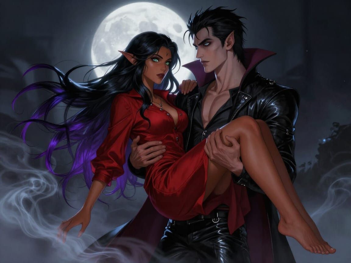 Vampire and Elf Embrace in Mystical Moonlight
