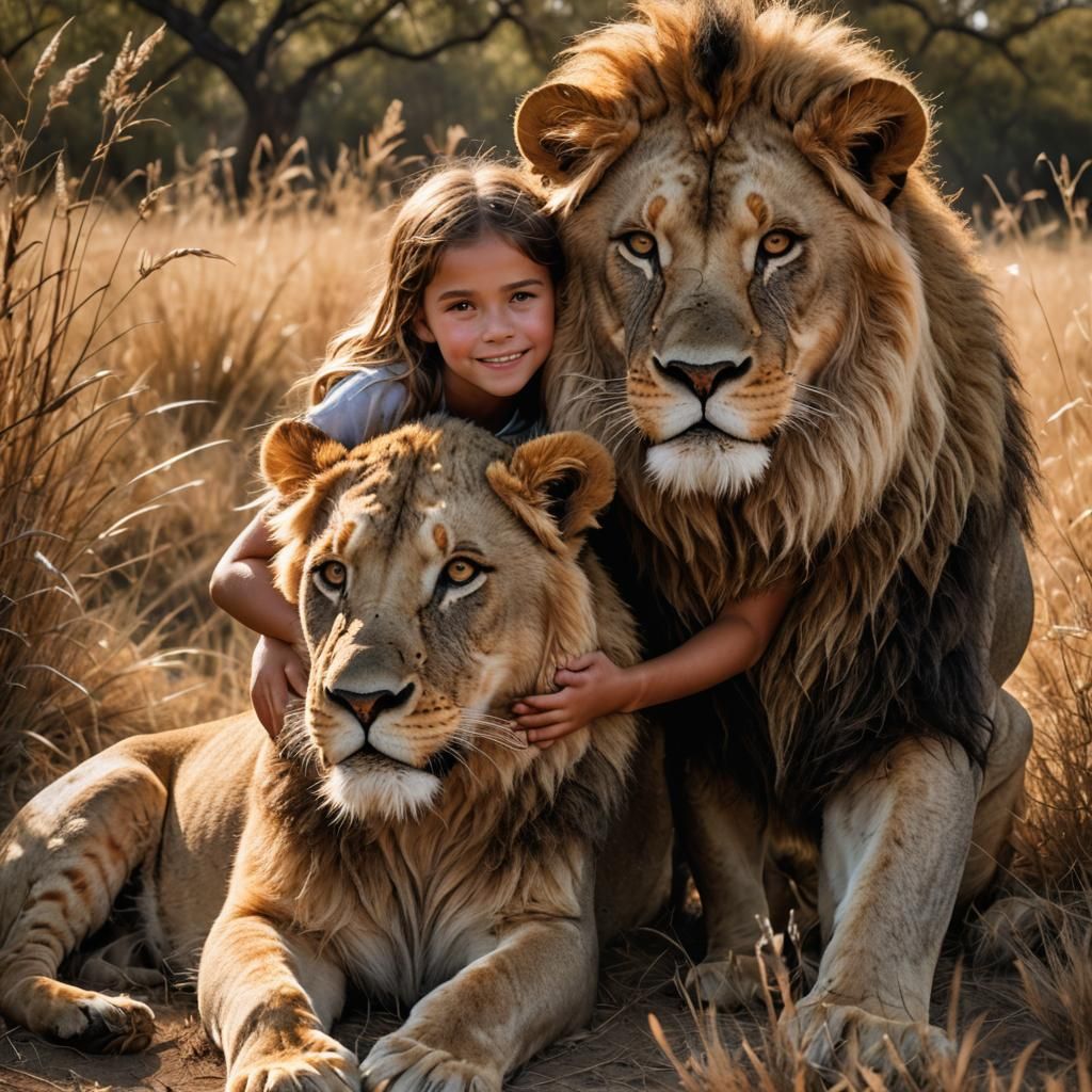 Young Girl Hugging Lion in Golden Light