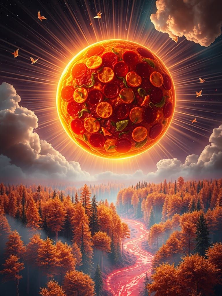 Cosmic Pizza Orb Radiates Light Above Golden Breadstick Fore...