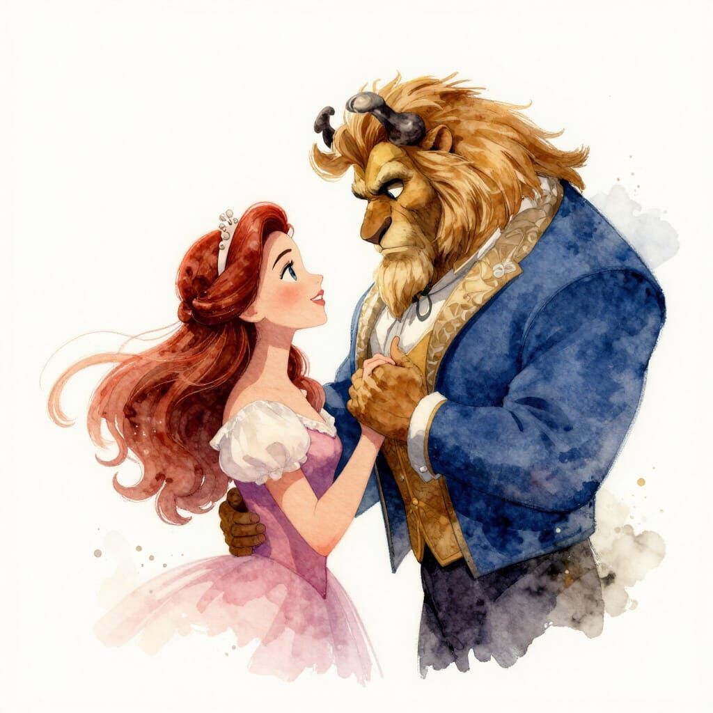 Beauty Meets Beast in Stylized Watercolor Fusion
