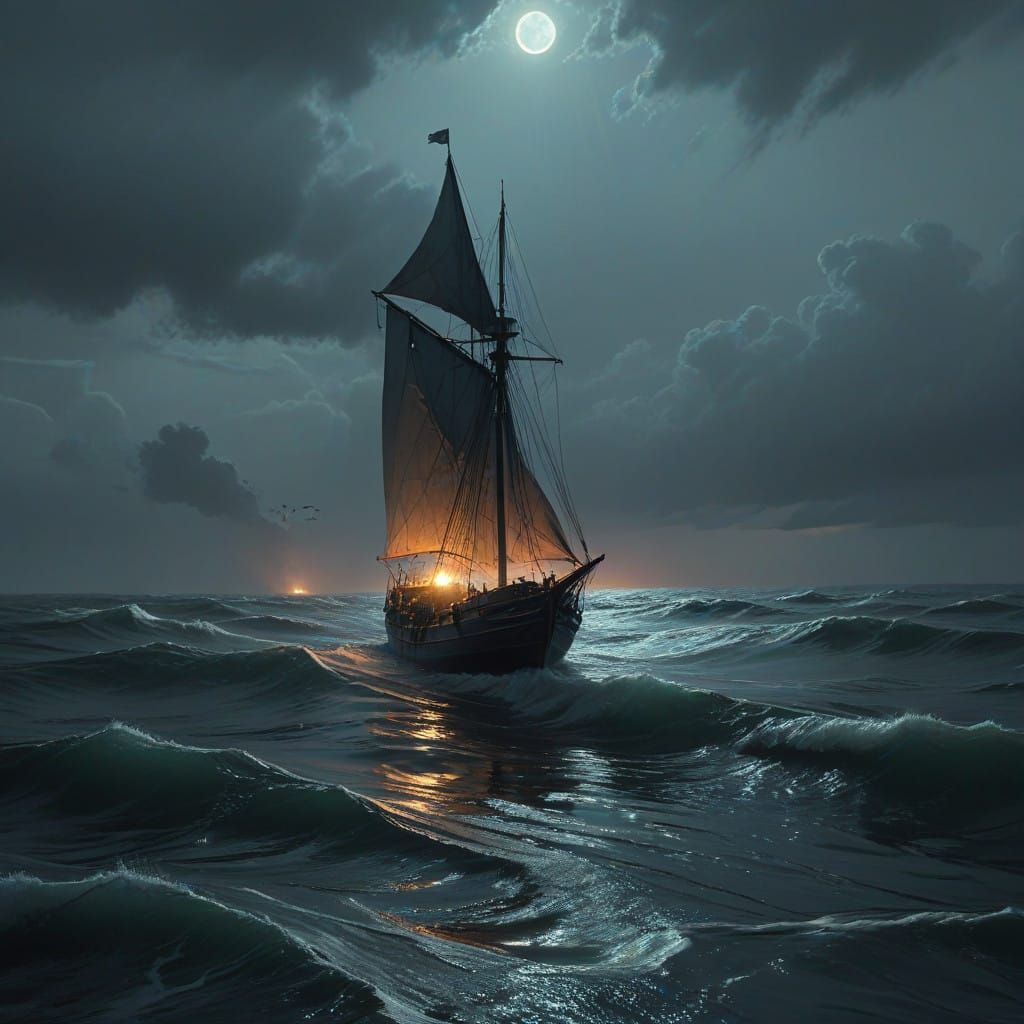 Midnight Sailor on Icy Waters under Celestial Horizon