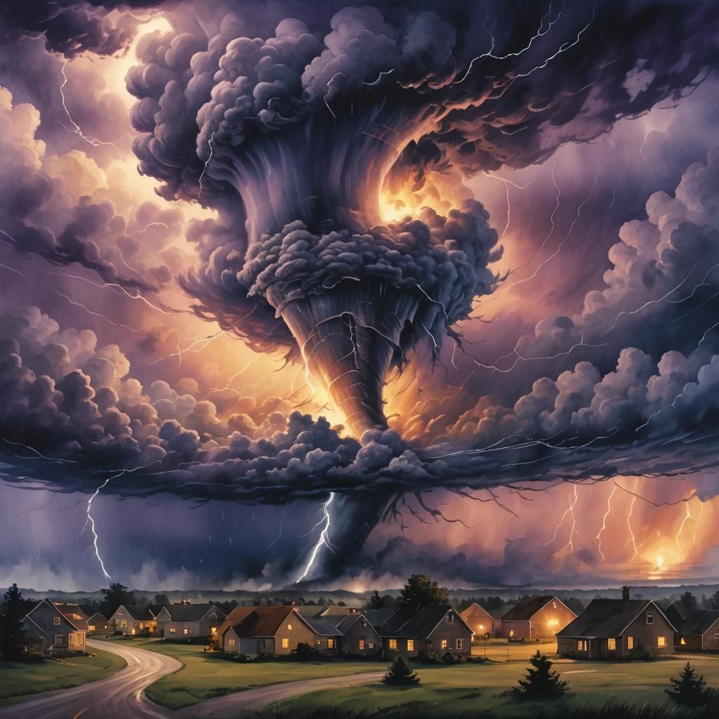 Tornado Forms in Twilight Storm, Watercolor Style