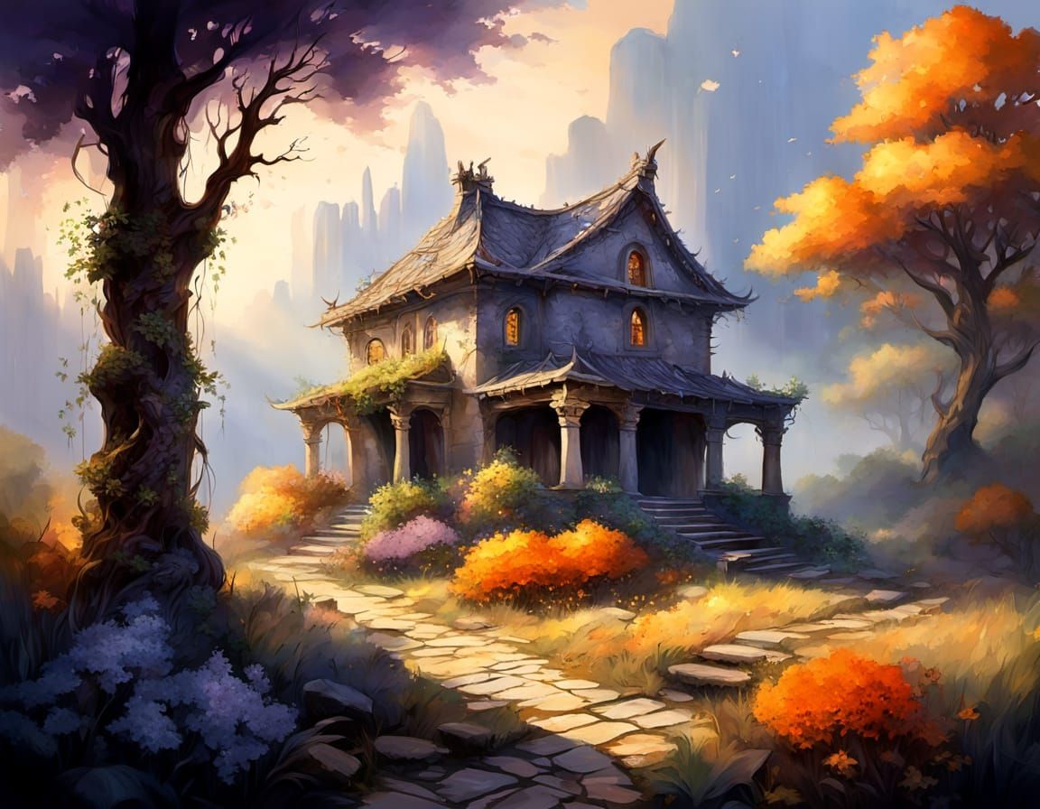 Forgotten Temple Ruins Illuminated by Ornate Lantern