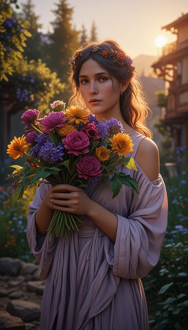 Woman Holding Colorful Bouquet at Sunset in Oil Painting Sty...