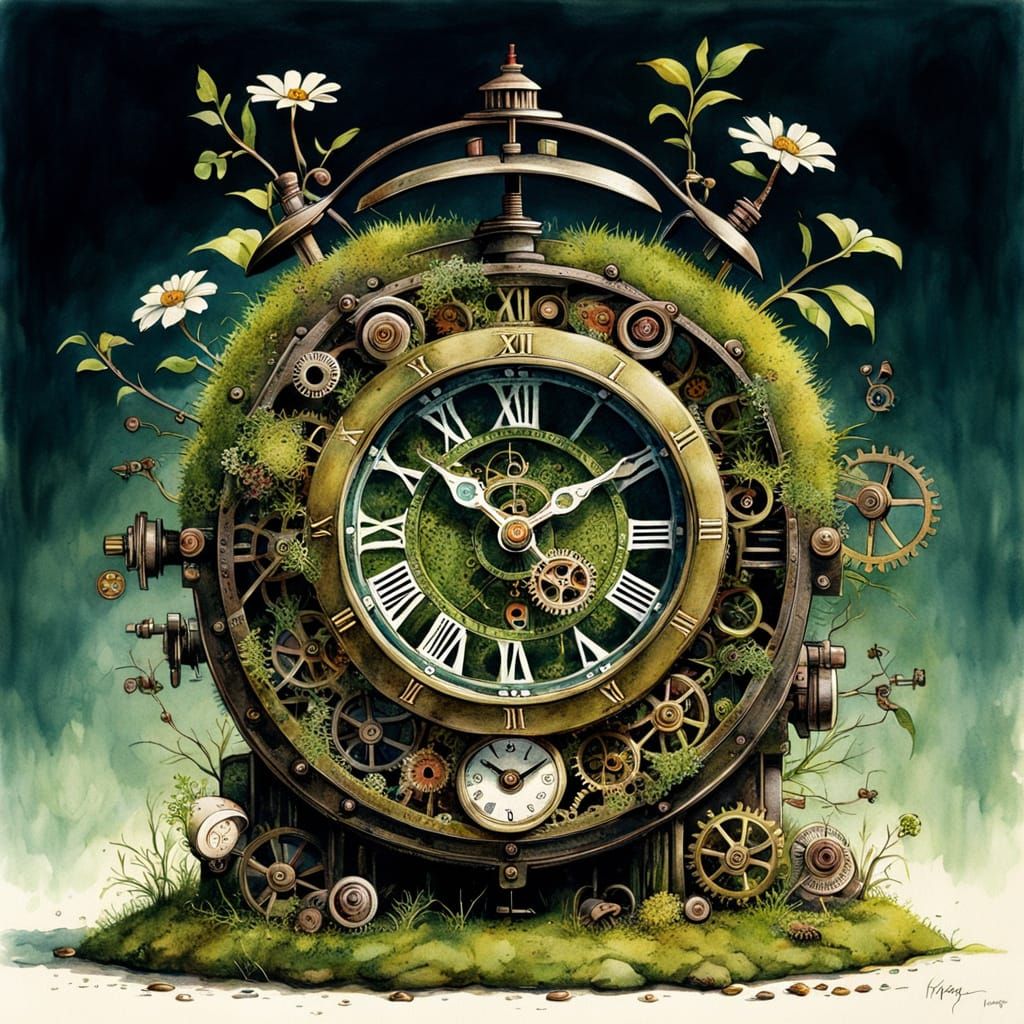 Whimsical Moss Clock with Gears and Flowers