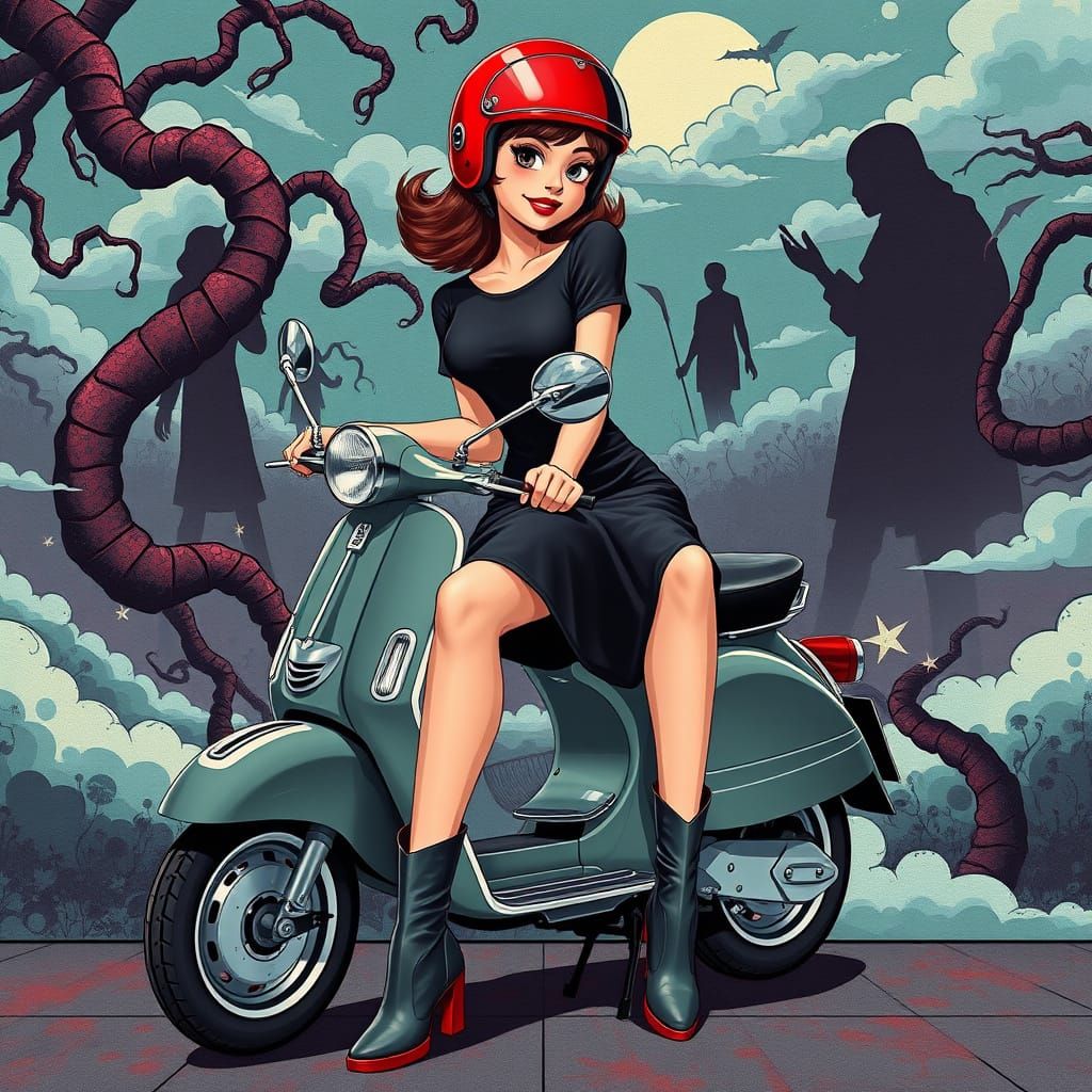 Mod girl on mod scooter wrapped in "alone in this darkness" ...