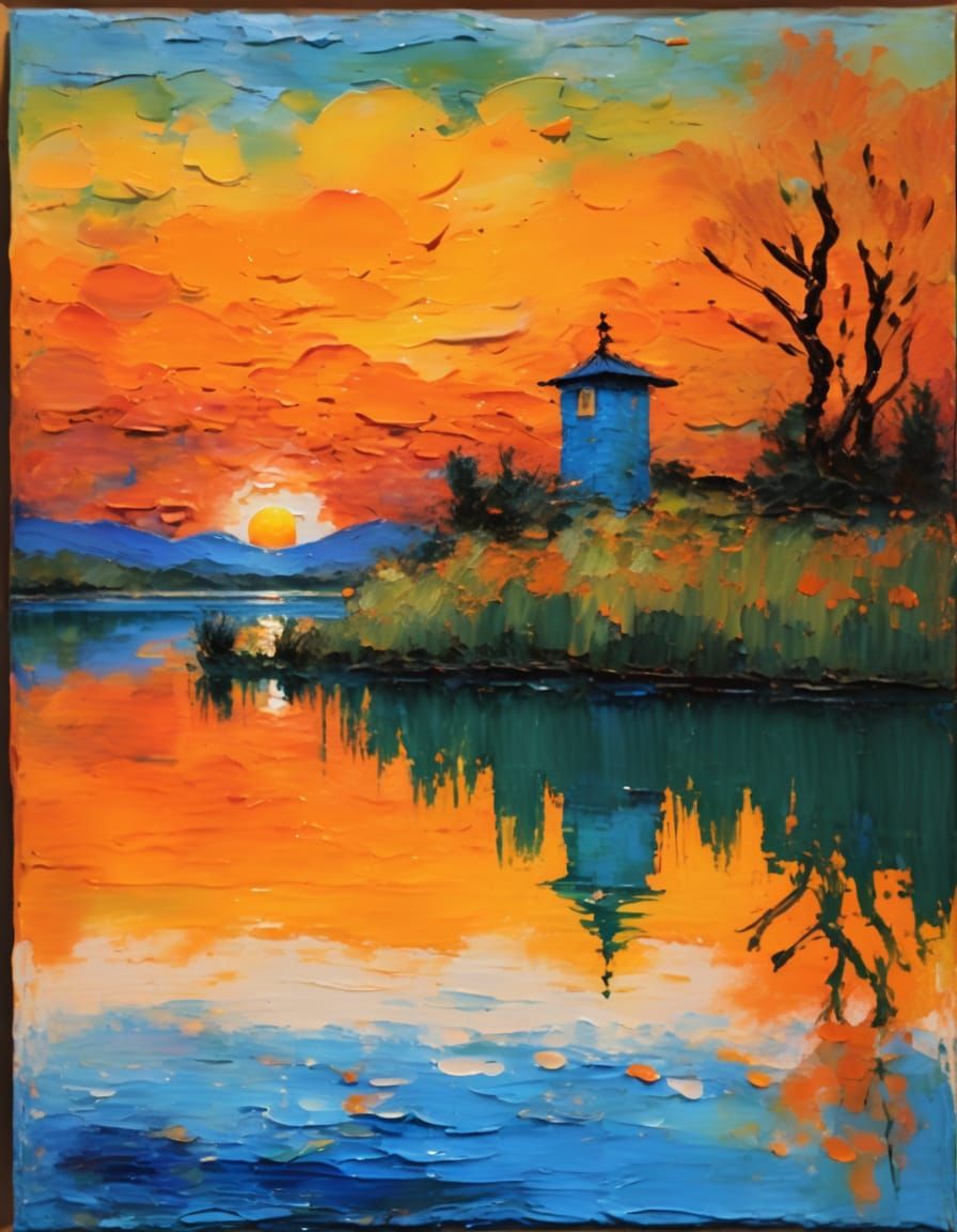Brilliant Orange Sunset Over Lake as Encaustic Oil Painting