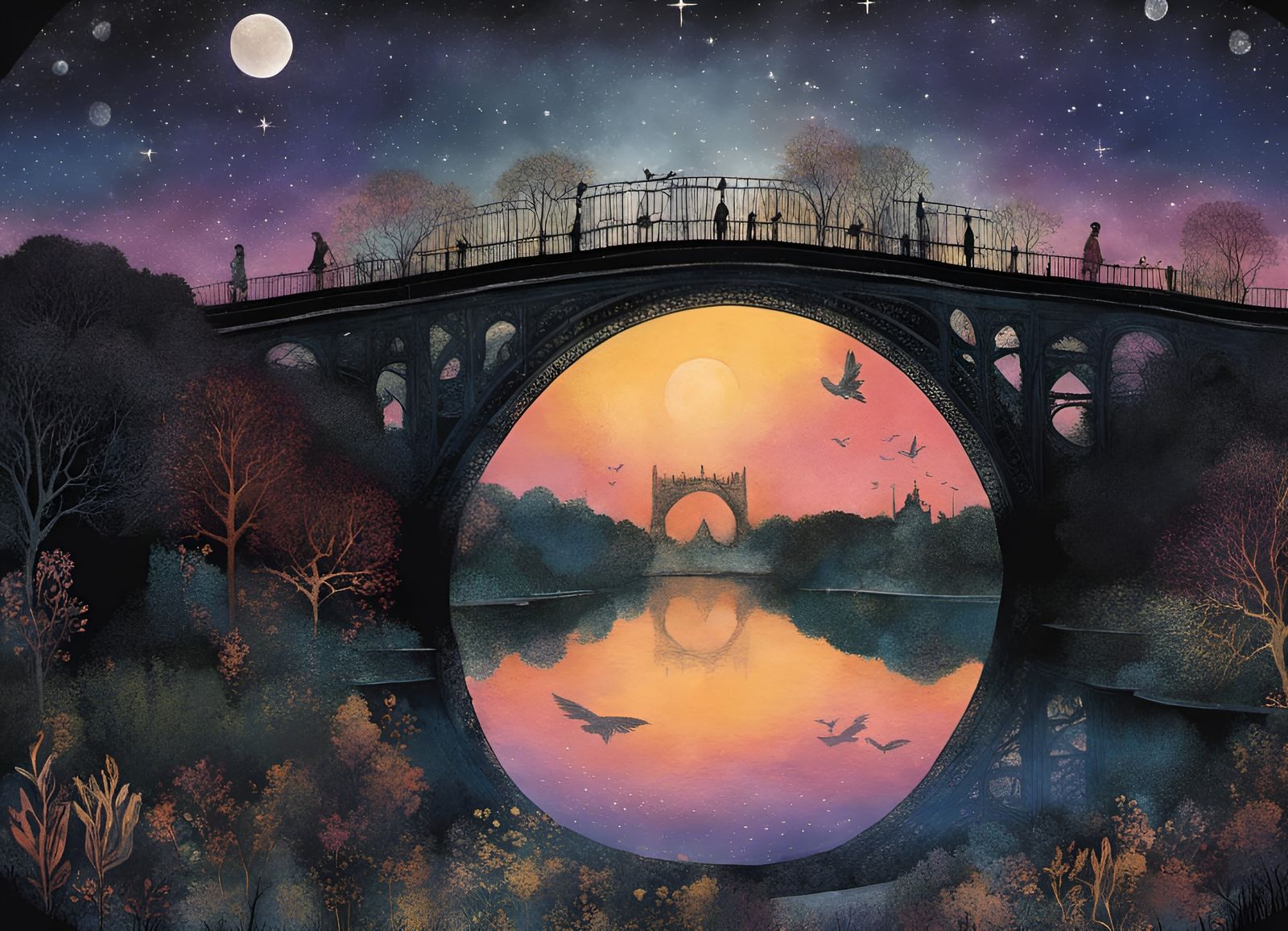 Witch's Night Journey Over the Bridge