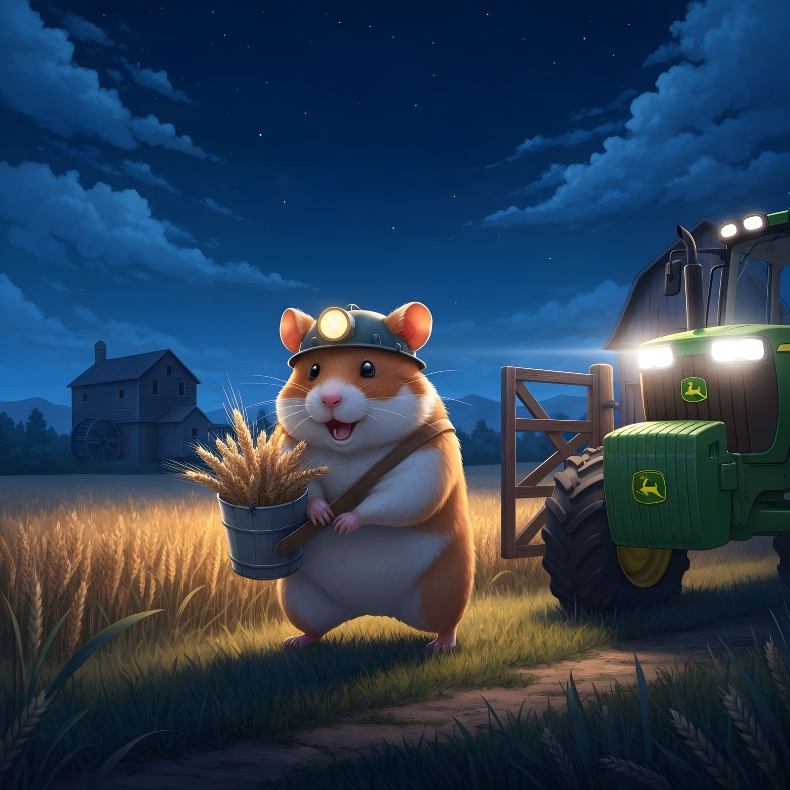 Hamster's Night Walk in Wheat Field, Anime Style