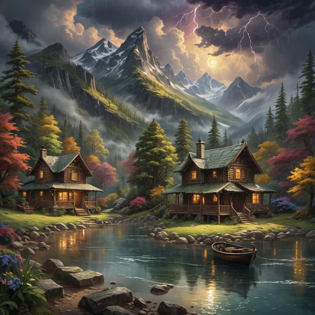 Mountain Cabin in Rainstorm: Detailed Matte Painting