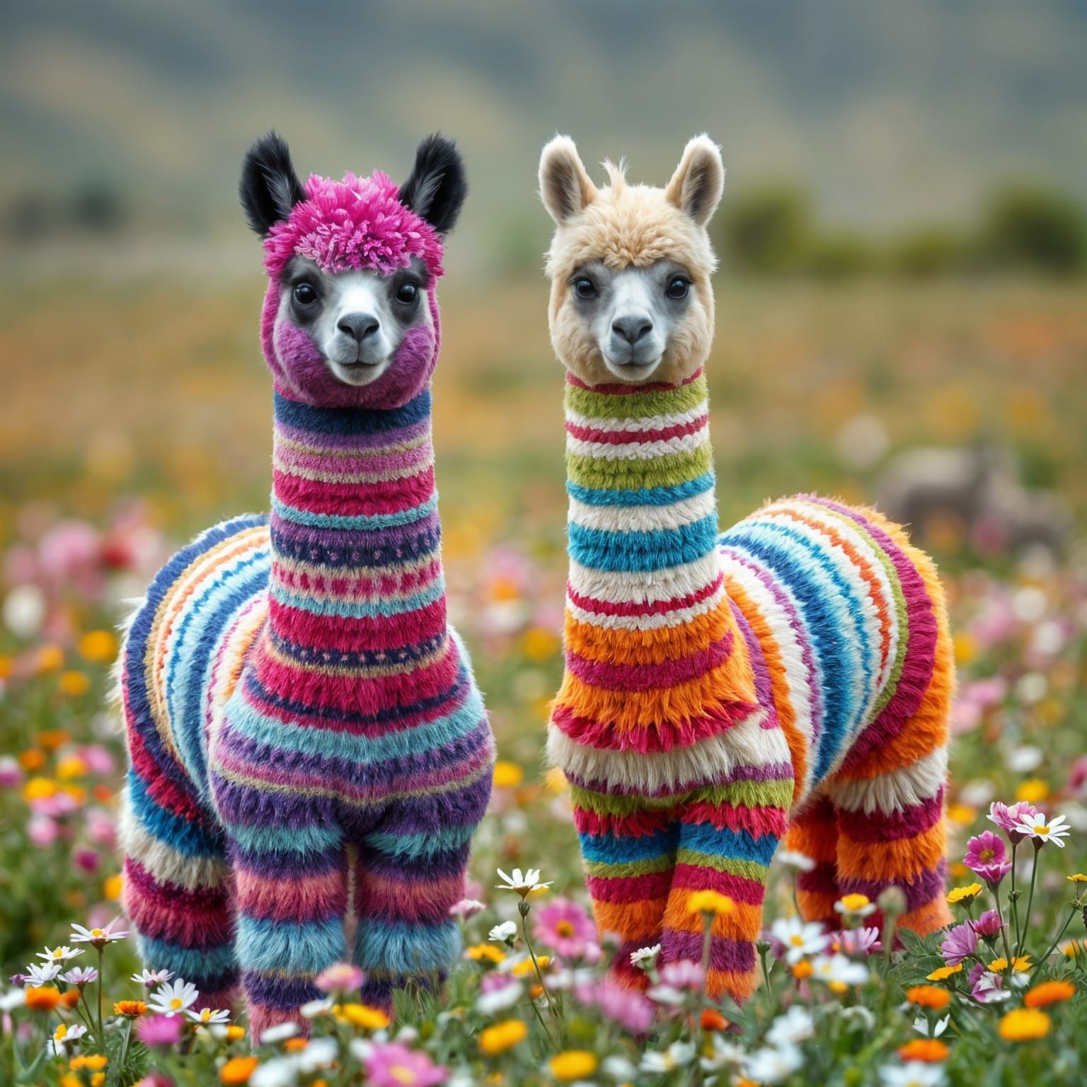Striped Alpacas in a Vibrant Meadow